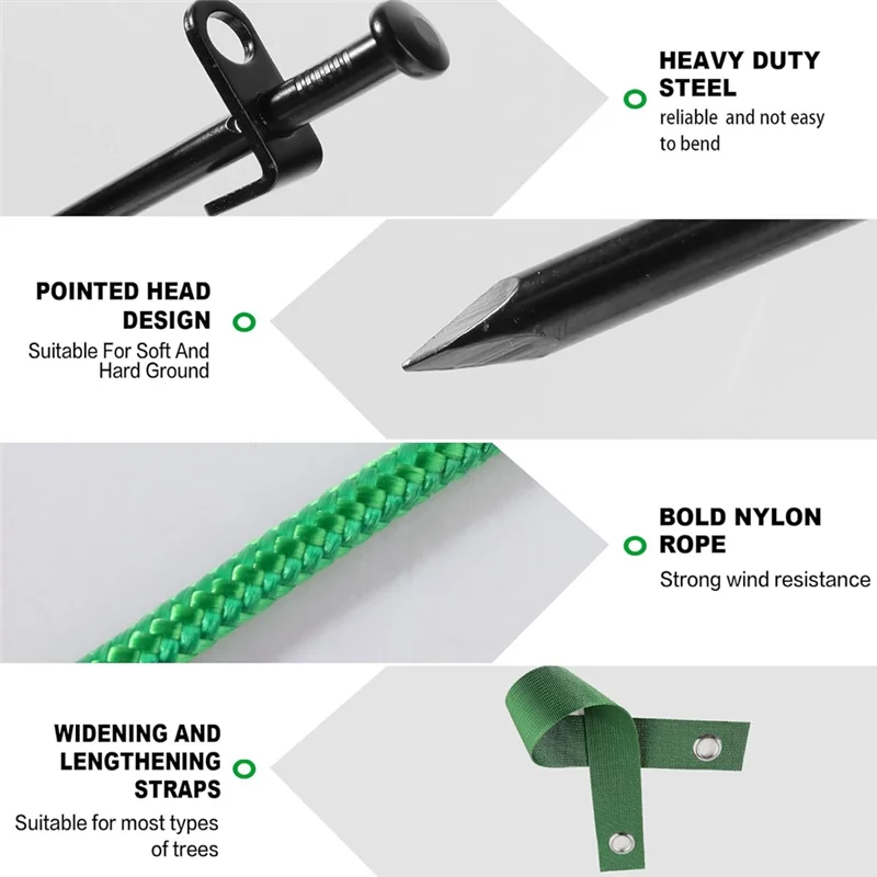 AT21-Heavy Duty Tree Stake Kit- Garden Tree Support System 3Pcs Metal Stakes& 3Pcs Rope Straps For Anchoring