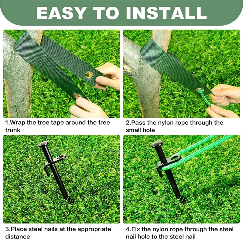 AT21-Heavy Duty Tree Stake Kit- Garden Tree Support System 3Pcs Metal Stakes& 3Pcs Rope Straps For Anchoring